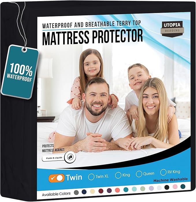 Utopia Bedding Waterproof Mattress Protector Twin Size, Premium Terry Mattress Cover 200 GSM, Breathable, Fitted Style with Stretchable Pockets (Black)