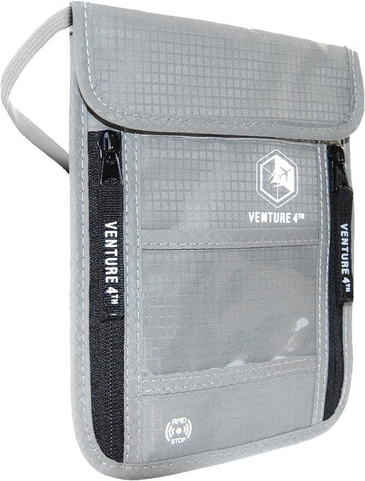 VENTURE 4TH Passport Holder Neck Wallet with RFID Blocking Nylon Lining - Hidden Neck Pouch for Travel (Silver)