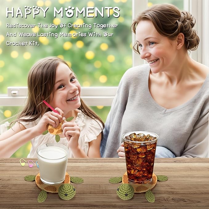 WaldyWop Crochet Kit for Beginners – Easy to Follow Tutorials, Ergonomic Hook & Tangle-Free Yarn, Complete DIY Craft Set for Girls 8-12 & Women, Stress Relief & Home Decor (Turtle Coaster)