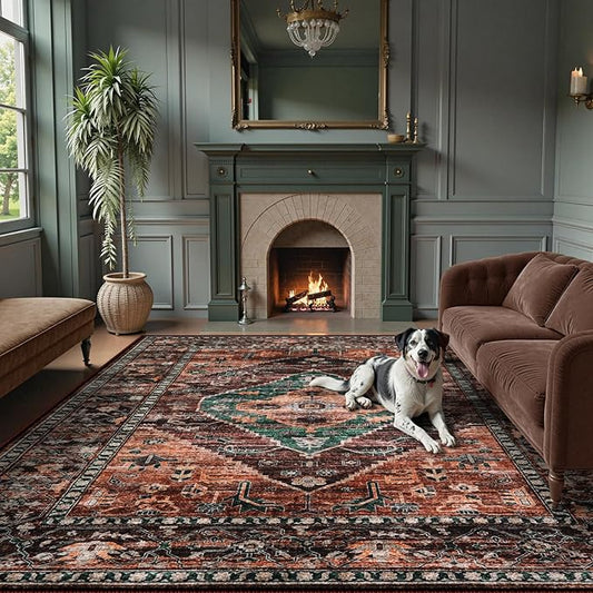 Lahome 8x10 Ultra-Thin Living Room Rug （Non-Slip Washable Non-Shedding）（Oriental Vintage Distressed Carpet for Dining，Bedroom，Office）