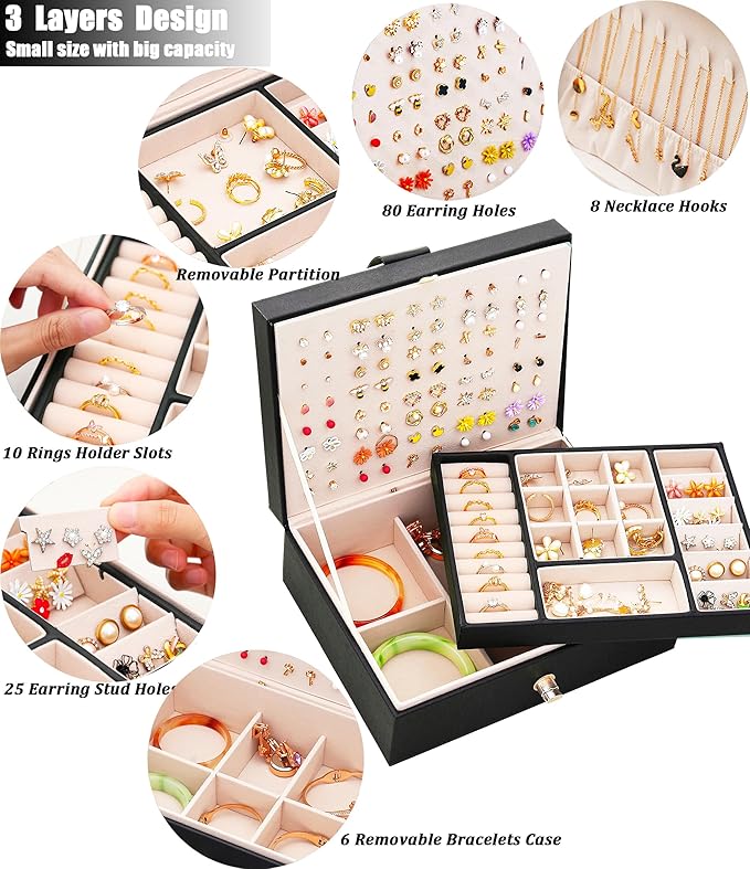 Womens Earring Jewelry Box for Girls Jewelry Earring Organizer Box Earring Holder Organizer for Girls Jewelry Organizer Earring Boxes for Women Girls Stud Earring Organizer Jewelry Box Black