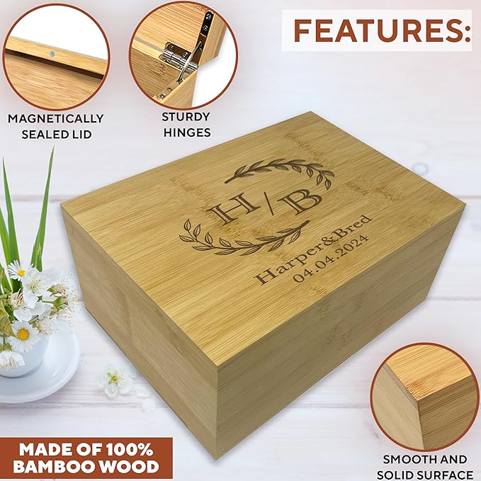 Wedding Memory Box for Keepsakes - Personalized Newly Named Box for Couple, Bride & Broom Gift, Bamboo Wood Custom Wedding Gift Unique, Wooden Gift Anniversary, Engagement Time Capsule, 11x8x4.75 in