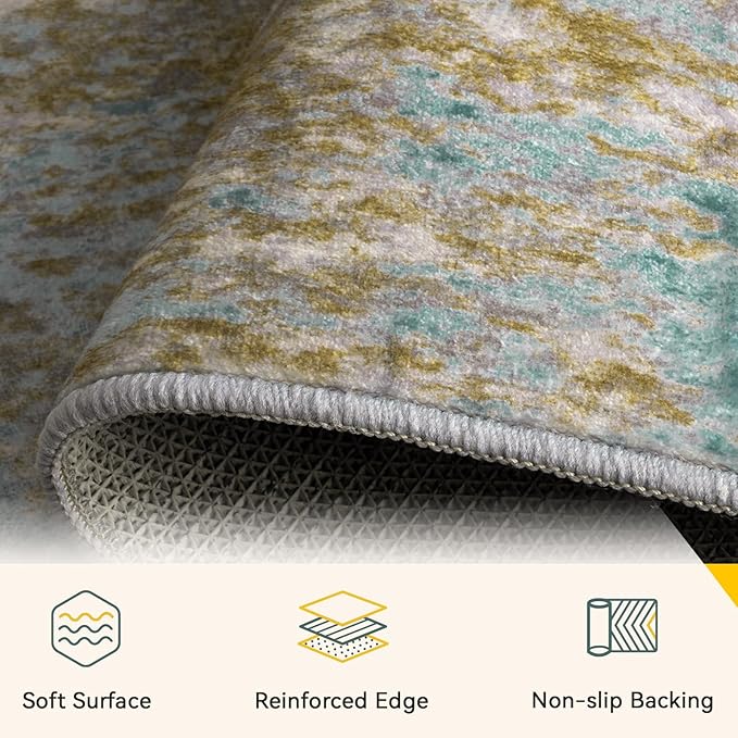 Washable Area Rugs 9'x12' Non-Slip Modern Abstract Soft for Living Room Entryway Bedroom Nursery, Print Pattern, Teal Blue Taupe