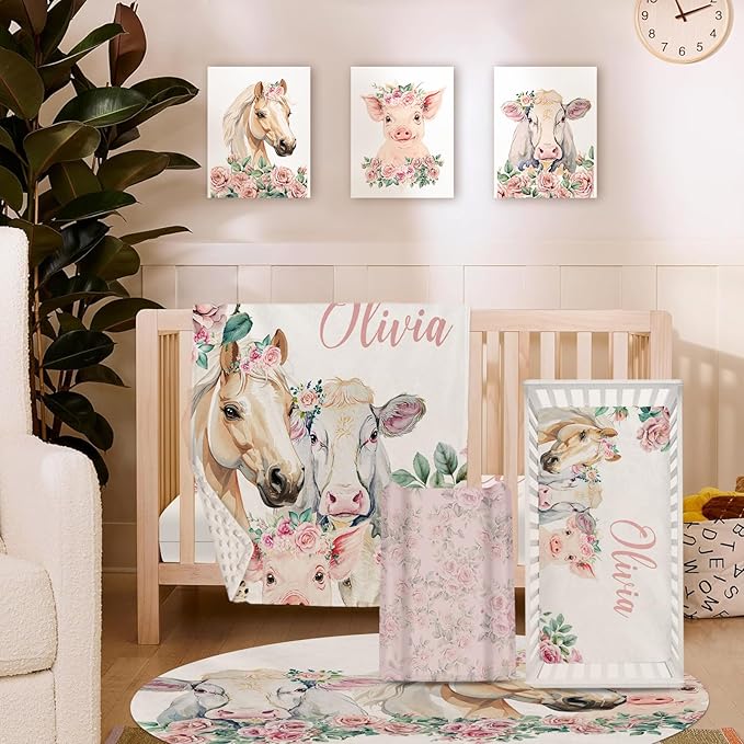 Personalized Nursery Crib Bedding Set: Custom Name Pink Floral 5 Piece Baby Crib Sets with Horse Pattern - Toddler Double Layer Blanket Set, Comfortable Crib Bed Sheets for Baby Grils