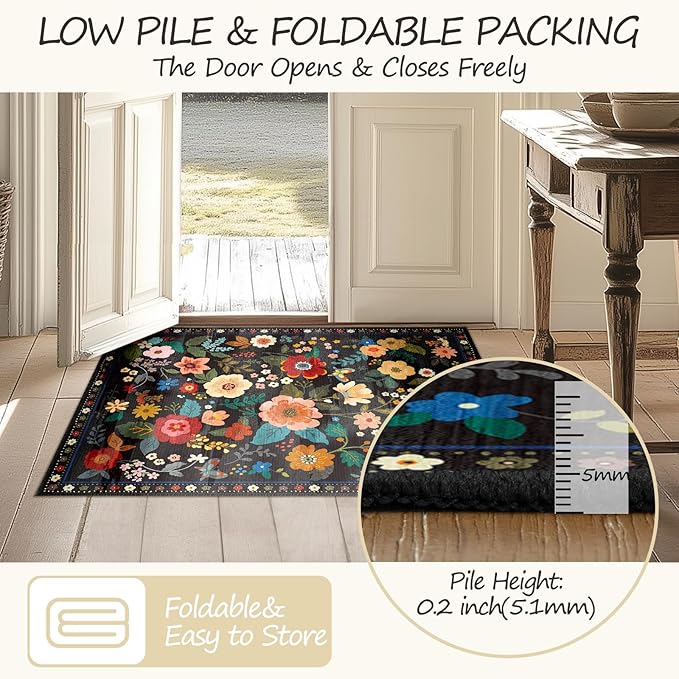 Floral 2x10 Area Rug Machine Washable Soft Print Boho Carpet Non Slip Doormat Low Pile Flower Area Rugs for Living Room Bedroom Nursery Kitchen Dining Room Indoor-Black