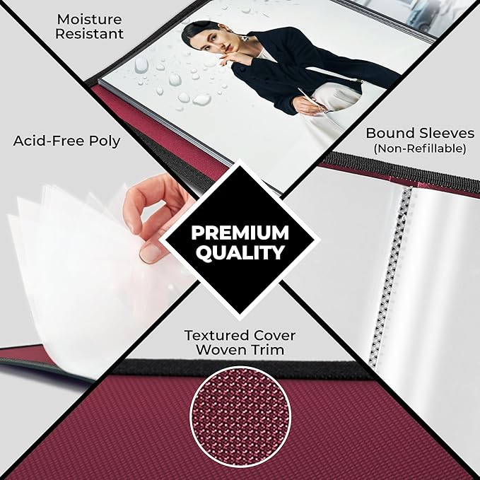 Dunwell Photo Album 8x10 (Ruby) with Black Mounting Paper, 8 x 10 Photo & Art Portfolio Presentation Book, 24 Clear Sleeves, Each Shows 48 Pages, Professional Photography Book for Pictures, Artwork