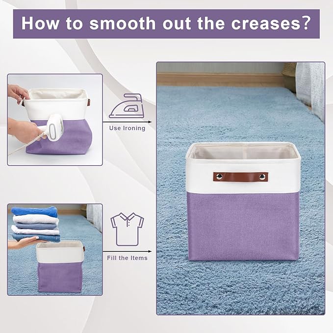 Collapsible Fabric Storage Cubes 11x11 Cube Storage Bins, 4 Pack Closet Baskets Box with Handles for Organizing, Shelf, Toys, Clothes, Home, Office, Nursery (Purple&White)