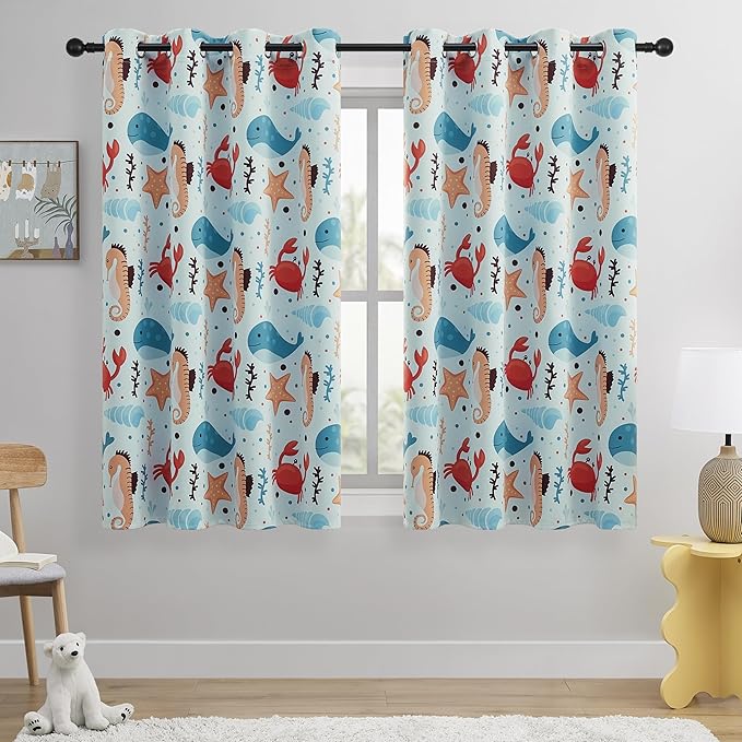 Kids Blackout Curtains - Ocean Whale Design, 100% Blackout, 2 Panels, Each W52×L63, Thermal Insulated for Bedroom, Noise Reducing, Excellent Colorfastness, Dive into an Underwater Adventure