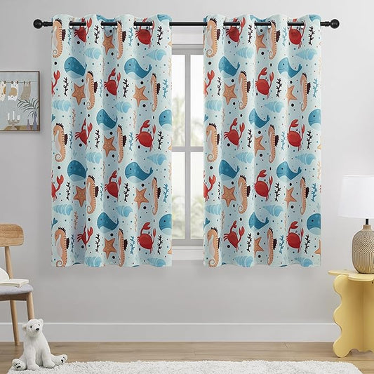 Kids Blackout Curtains - Ocean Whale Design, 100% Blackout, 2 Panels, Each W52×L63, Thermal Insulated for Bedroom, Noise Reducing, Excellent Colorfastness, Dive into an Underwater Adventure