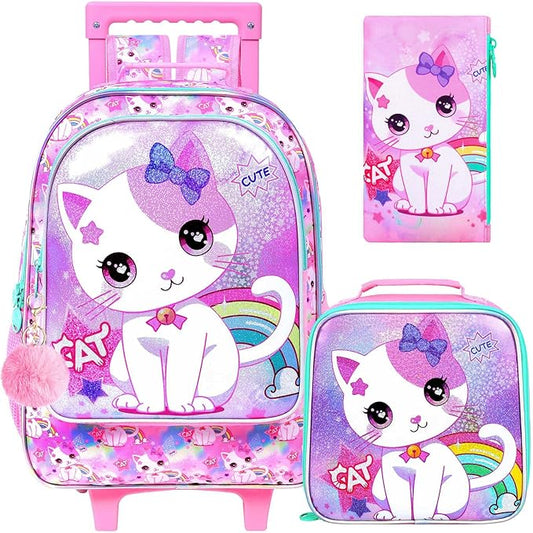 Girls Rolling Backpack, Cute Cat Roller Wheels Kids Bookbag - Wheeled Elementary School Bag - 3PCS Cat