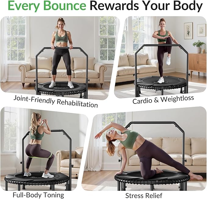 BCAN 40"/48" Mini Rebounder Trampoline for Adults with Bar, 450/550LBS Fitness Trampoline with Bungees, Adjustable Handle, Stable & Quiet, Indoor Outdoor, Whole-Body Workout & Relaxation at Home