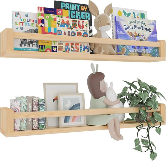Heimlove 32 Inch Nursery Floating Shelves, Wood Nursery Book Shelves for Wall, Wall Bookshelf for Kids Solid Wood Wall Mounted Shelves for Books,Toys and Decor Storage, Set of 2