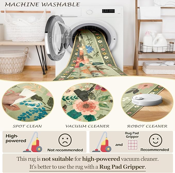 Floral 8ft Area Rug Machine Washable Soft Print Boho Carpet Non Slip Doormat Low Pile Flower Area Rugs for Living Room Bedroom Nursery Kitchen Dining Room Indoor-Light Green