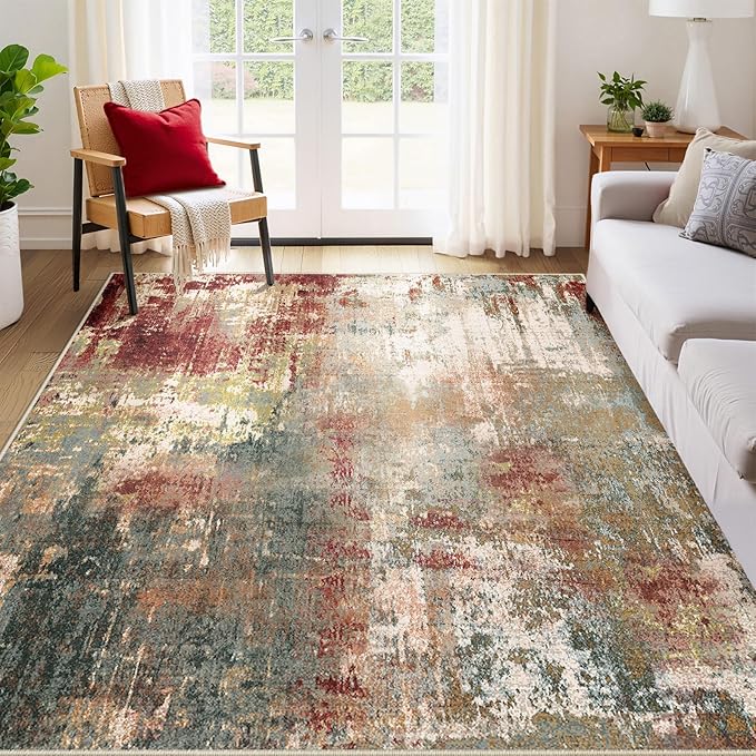 Washable Area Rugs 6'x9' Non-Slip Modern Abstract Soft for Living Room Entryway Bedroom Nursery, Print Pattern, Brown Rust Red Multi