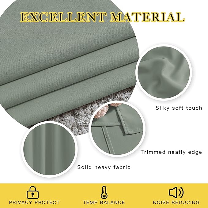 NICETOWN Sage Green Blackout Curtains 63 inch Length for Kitchen, Grommet Energy Saving Thermal Window Treatments Light Blocking Drapes for Bedroom, 2 Panels, W46 x L63