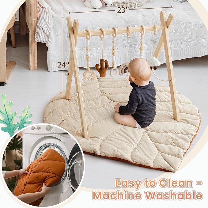 Razee Wooden Baby Play Gym Activity Mat, Leaf Shaped Play Mat Baby Gym with 6 Hanging Sensory Toys Foldable Baby Gym Newborn Infant Baby Use