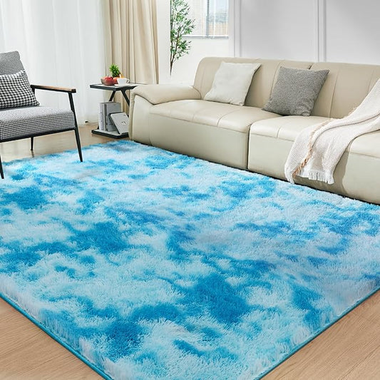 Luxury Shag Area Rug, 3X4 Indoor Ultra Soft Plush Rugs for Living Room, Carpet for Kids Boys Girls Dorm Nursery Home Decor Aesthetic, Upgrade Anti-Skid Durable, Tie-Dyed Blue