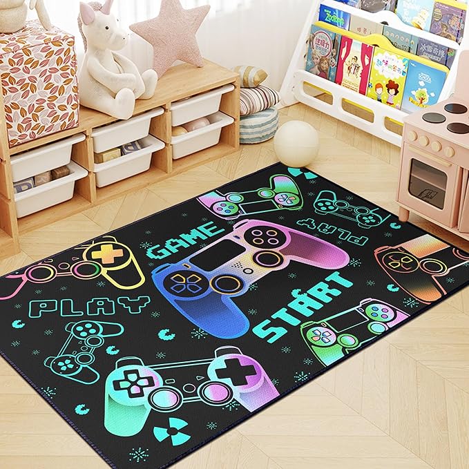 Play Gaming Rug for Bedroom Gamer Mat Gamepad for Boys Room 59"x39" for Playroom Decor Washable
