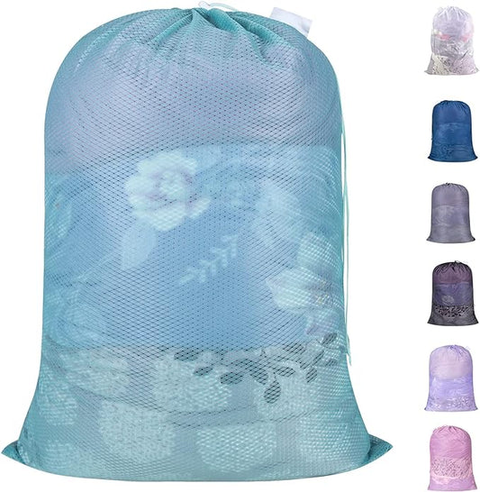 Polecasa Heavy Duty Diamond Large Mesh Laundry Bag with ID Tag and Locking Drawstring Closure - 24 x 36 inches - Laundry Hamper Liner, Washable Laundry Bags for Travel, Sports, Dorms (Aqua)