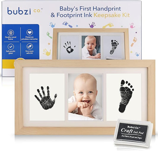 Bubzi Co Baby Handprint Kit & Footprint Photo Frame for Newborn Girls and Boys, Unique Baby Shower Gifts Set for Registry, Memorable Keepsake Decorations for Room Wall or Nursery Decor (Natural Wood)