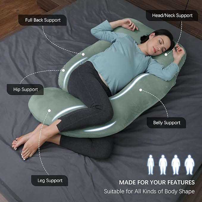 MOON PARK Pregnancy Pillows for Sleeping - U Shaped Full Body Maternity Pillow with Removable Cover - Support for Back, Legs, Belly, HIPS - 65 Inch - Green