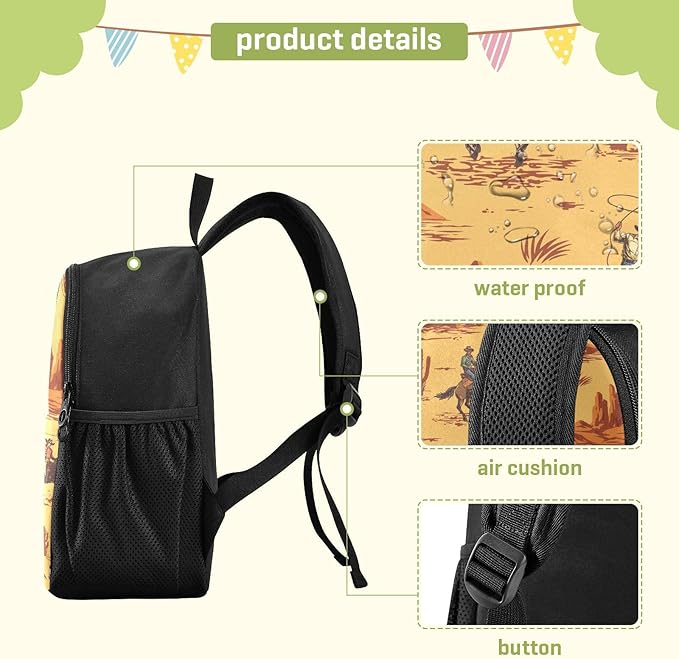 Western Desert Cowboy Toddler Backpack Waterproof Mini Backpack Boys/Girls Cute Small Backpack Kindergarten Pre School Bags 13 Inch