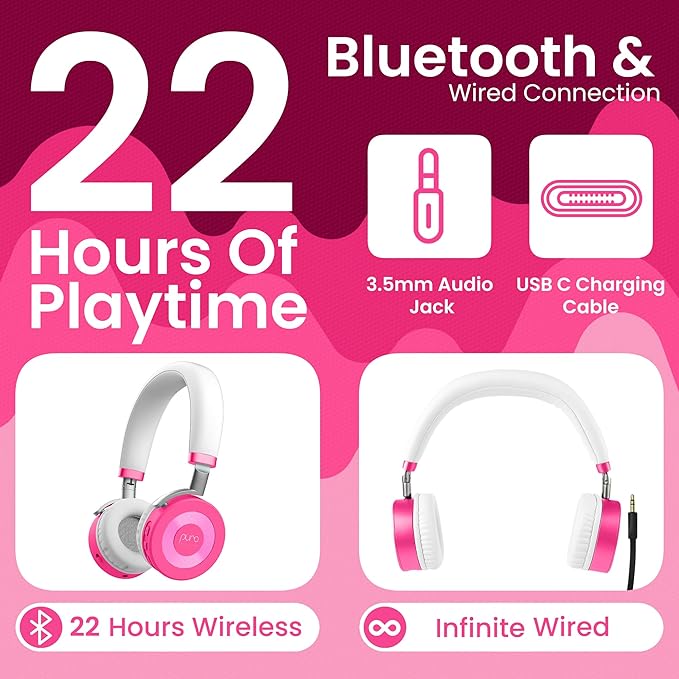 Puro Sound Labs JuniorJam Plus Volume-Limiting Wireless Bluetooth Headphones for Kids, Secure Audio with Adjustable On-Ear Design, 22-Hour Battery, Ideal for Tablets, Smartphones & PCs - Pink