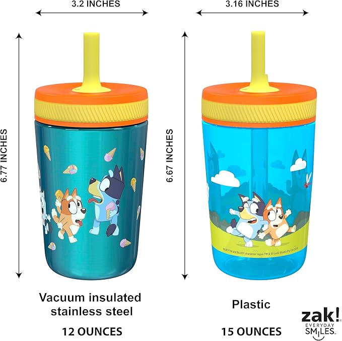 Zak Designs Bluey Kelso Tumbler Set, 15 fl.oz. Leak-Proof Screw-On Lid with Straw, Bundle for Kids Includes Plastic and Stainless Steel Cups with Bonus Sipper, 3pc Set, Non-BPA