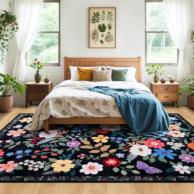 8x10 Area Rugs for Living Room: Washable Rug Vintage Large Soft Boho Floral Non-Slip Carpet Indoor Floor Stain Resistant Thin Carpets for Bedroom Dining Room Farmhouse Nursery Home Office Black