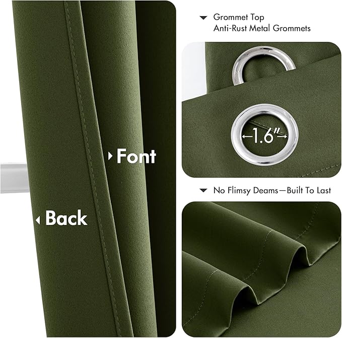 MIULEE Olive Green Blackout Curtains - Thermal Insulated Bedroom Curtains Room Darkening Drapes for Living Room Kitchen Grommet Top Light Blocking Window Treatment, 40 x 45 Inches Long, 2 Panels