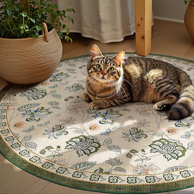 jinchan 6ft Floral Round Rug for Dining Room Washable Living Room Rug Vintage Romance Design Non Slip Indoor Floor Cover Lightweight Low-Profile Throw Carpet for Bedroom Porch Patio, Green/Beige