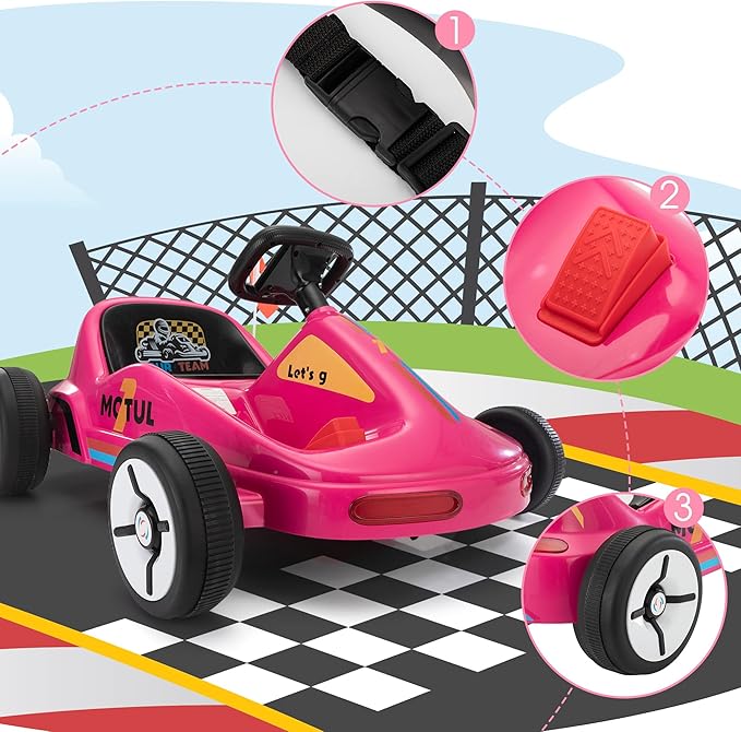 TOBBI 12V Electric Go Kart for Kids Battery Powered Ride on Car Outdoor Race Toy with Remote Control, Safety Belt, Music, LED Lights and Flags for Toddlers 3-8 Years, Pink