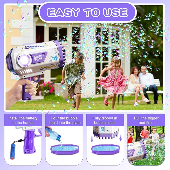 BOMOCO Bubble Gun,125 Holes Bubble Machine Bubbles for Kids 3-12,Bubble Blaster Gun with Bubble Solution Summer Outdoor Bubble Toys Birthday Wedding Halloween Party Favors Gifts Bubble Maker,Purple