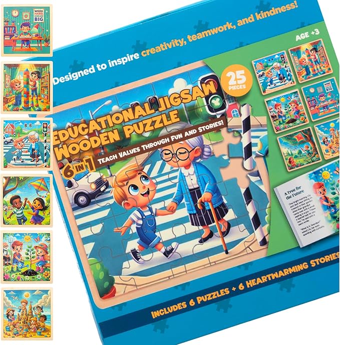6 Educational Wooden Puzzles & Storybook, Teaches Kindness, Empathy & More – 6 in 1 Jigsaw Puzzle for Kids Ages 3-7 – Learn Real Values Through Stories – Montessori Puzzle Set 25 Pieces