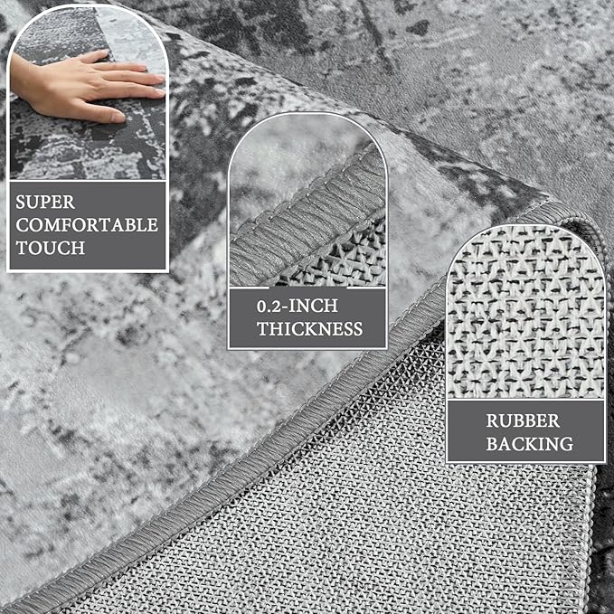 LOCHAS Rug for Living Room, Washable Soft Area Rugs for Bedroom 4x6, Abstract Carpet for Indoor Office Kids Dining Room Nursery Floor, Grey Geometric Vintage Home Decor, Non Slip, Pet Child Friendly
