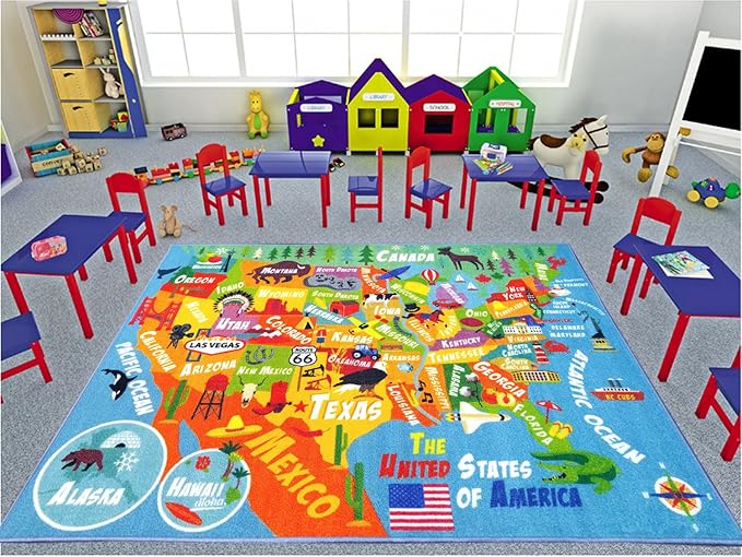 KC Cubs 8x10 USA United States Map Toy Car Road Rug – Educational Play Mat Carpet for Kids, Toddlers, Nursery, Classroom, Playroom, Baby Daycare