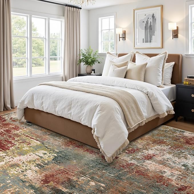 Washable Area Rugs 7'x9' Non-Slip Modern Abstract Soft for Living Room Entryway Bedroom Nursery, Print Pattern, Brown Rust Red Multi