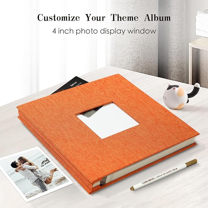 Spbapr Large Photo Album Self Adhesive 3x5 4x6 5x7 8x10 Pictures Magnetic Scrapbook 40 Blank Pages Linen Cover DIY Album with A Metal Pen Orange
