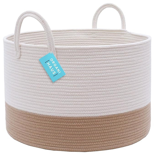 OrganiHaus Boho Woven Basket for Blankets and Laundry, Decorative Large Storage Bin for Living Room, Nursery Basket for Toys & Clothes, Soft Cotton Rope with Handles 20x13 inches - Off-White/Honey