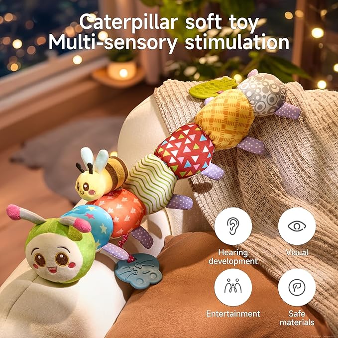 TUMAMA Baby Toys for 0, 3, 6, 9, 12 Months,Caterpillar Sensory Toys,Infant Baby Stuffed Animal Activity Soft Toys with Teether, Tummy Time Sensory Toys,Newborn Infant Sensory Toys Birthday Gifts