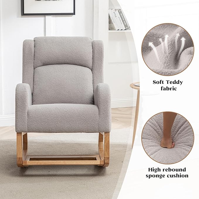 Rocking Chair Nursery, Nursing Rocking Chairs for Mom Nursery, Comfy Wingback Glider Rocking Armchair with Foot Rest and Side Pocket for Nursery Living Room Bedroom, Teddy Grey