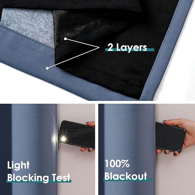 ChrisDowa 100% Blackout Curtains for Bedroom with Black Liner, 2 Thick Layers Total Blackout Thermal Insulated Grommet Small Window Curtains 2 Panels Set (Stone Blue, 42 x 54 Inch)