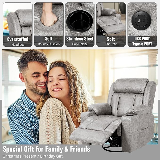 Retro Rocking Recliner Chair, Massage Rocker Recliner Chair with Vibration Massage and Heat, USB and Type-C Ports,360° Swivel Chairs, Living Room, Bedroom, Nursery, RV, Light Grey