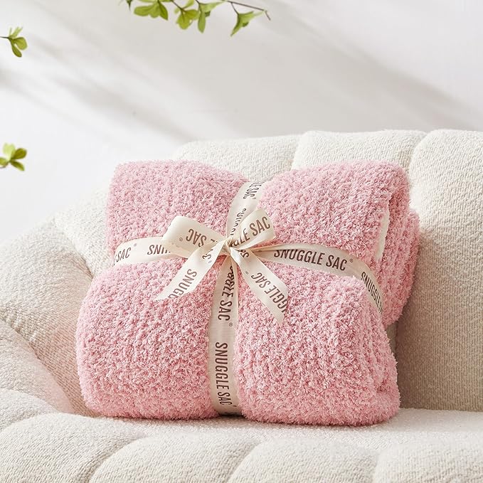 Snuggle Sac Buttery Pink Throw Blanket for Couch, Reversible Super Soft Knitted Blankets, Warm Cozy Knit Fuzzy Plush Lightweight Throws Dupes for Sofa, Bed, Picnic, Pink, 50 x 70 inches