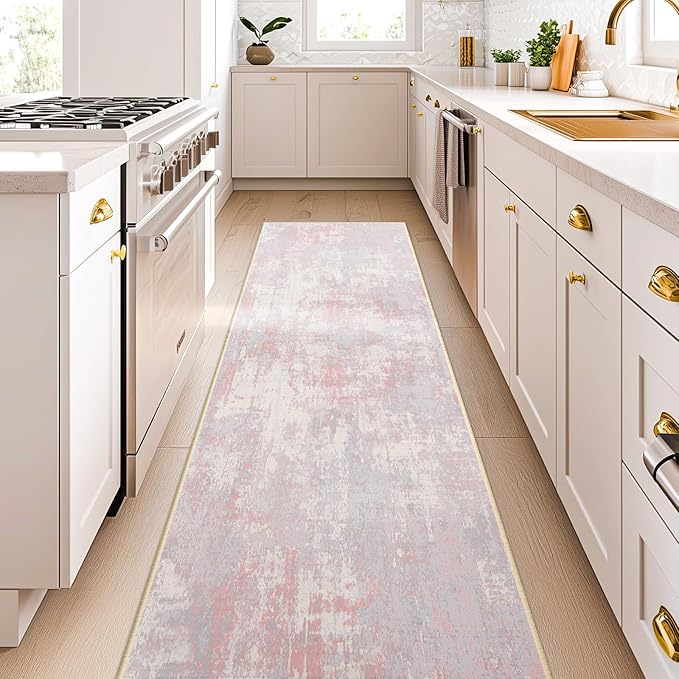 Washable Area Rugs 2'x8' Non-Slip Modern Abstract Soft for Living Room Entryway Bedroom Nursery, Print Pattern, Grey Pink