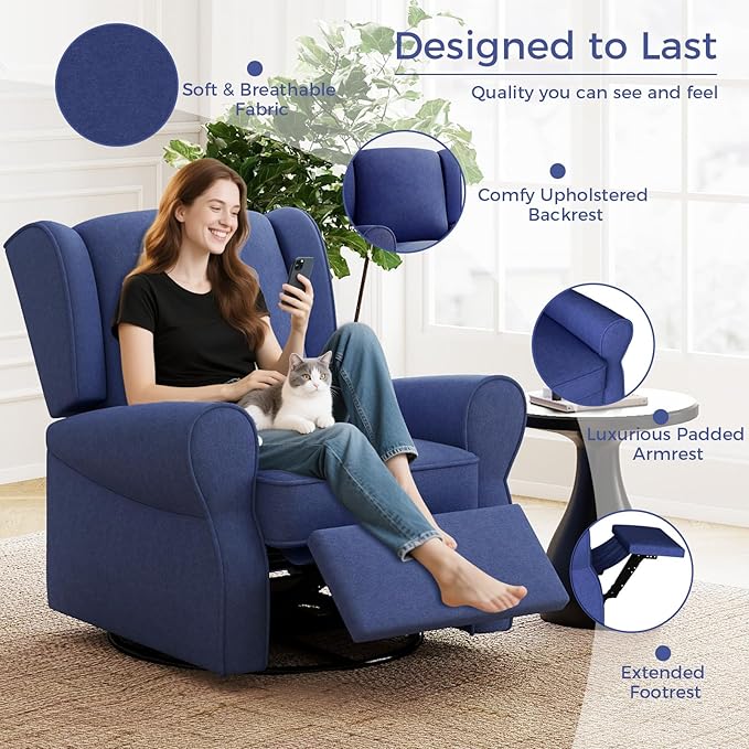 Swivel Rocker Recliner Chair Set of 2, Nursery Glider Chair, Nursery Rocking Chairs, Manual Reclining Chair, Blue