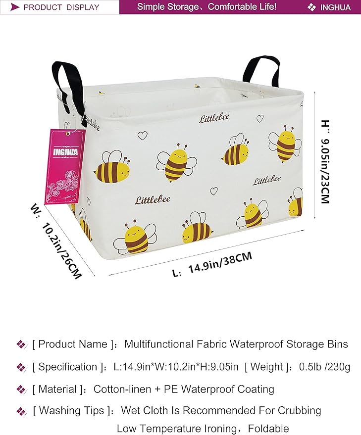 Rectangular Storage Basket Fabric Organizer Bin for Toys,Books,Clothes,Gifts,Pets-Perfect for Home,Office,Nursery,Dorm,Shelf(Rec-Bee )