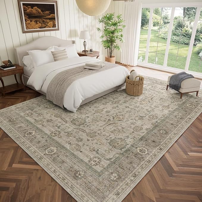 Washable 10x14 Area Rugs for Living Room, Boho Non-Slip Silicone Backing Rugs for Bedroom Dining Room Office, 0.3" Neutral Oriental Throw Carpet with 0.16" Cushioning Pad, Light Brown/Multi