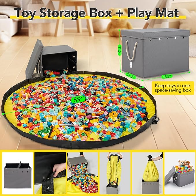 Kids Toy Box Chest Storage with Lid and Big Play Mat for Boys and Girls,Collapsible Fabric Toy Building Bricks Storage Container Organizer Bin with Rug for Playroom and Nursery Organization