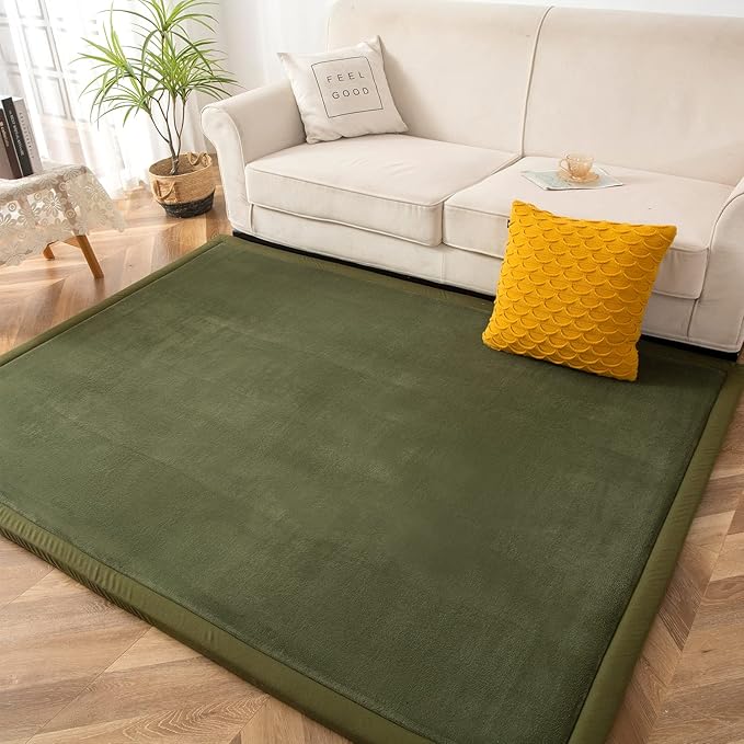 MAXYOYO Coral Velvet Area Rug, Thick Japanese Tatami Mat Living Room Carpet with Non-Slip Backing, Large Solid Color Mat for Bedroom Dormitory Yoga, Olive Green, 78 by 118 inch